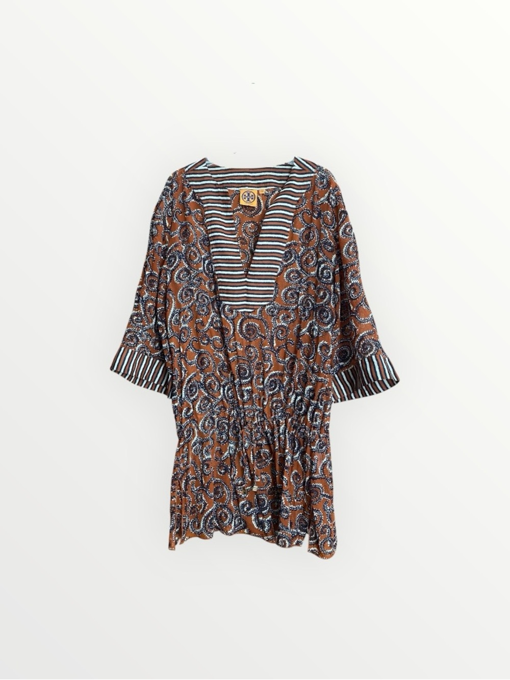 Tory Burch Brown Silk Paisley V-Neck Tunic Beach Cover Up Dress Size XS/S